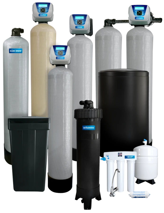 group of varsity brand water softeners, filters, and reverse osmosis systems